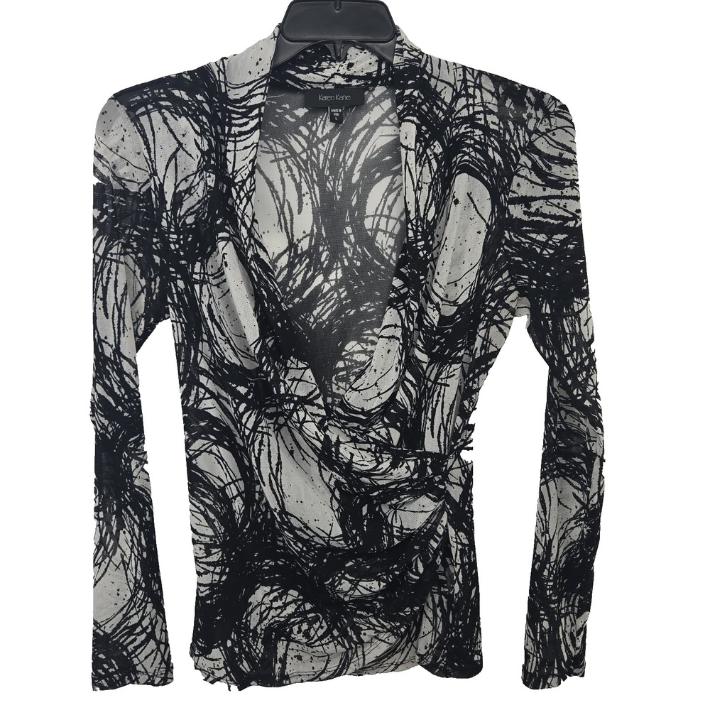 Karen Kane Women's Large Black Abstract Nylon Mesh Long Sleeve Top Large L SHELL